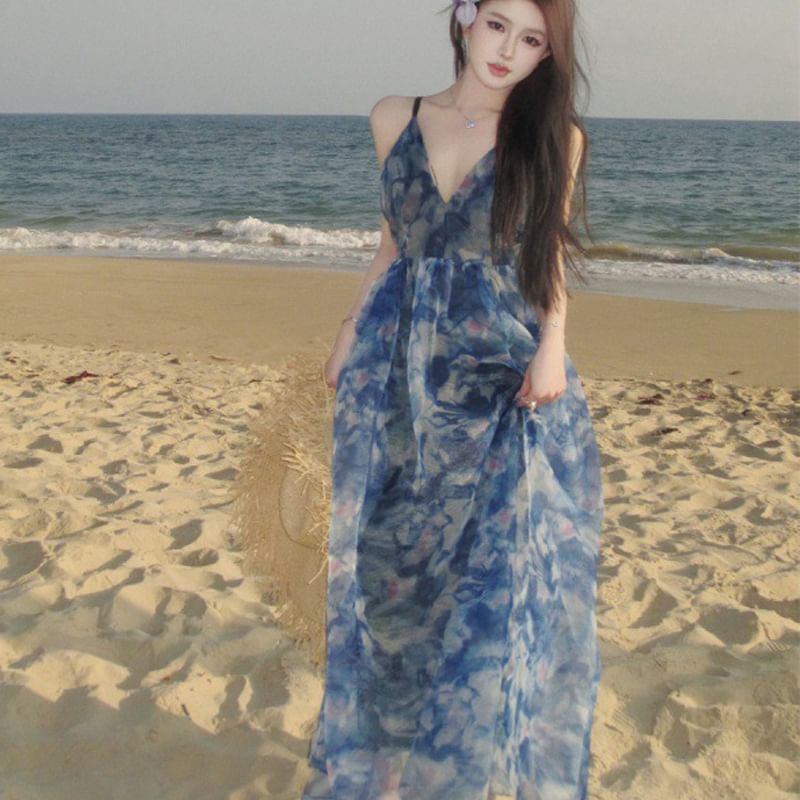 A-Line Tie Strap Maxi V-Neck Dye Print Dress Spaghetti