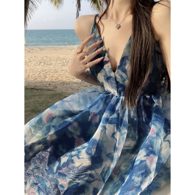A-Line Tie Strap Maxi V-Neck Dye Print Dress Spaghetti