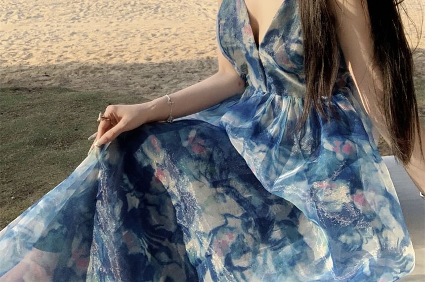 A-Line Tie Strap Maxi V-Neck Dye Print Dress Spaghetti