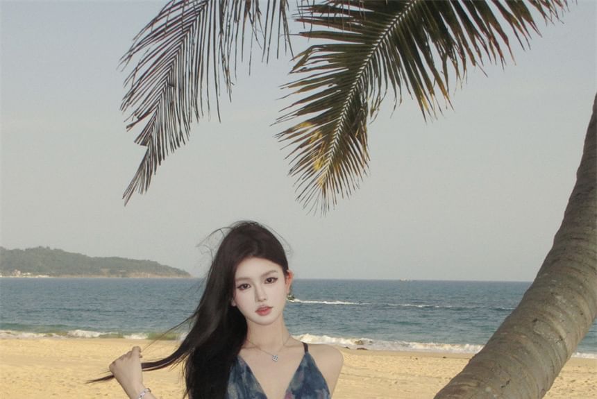 A-Line Tie Strap Maxi V-Neck Dye Print Dress Spaghetti