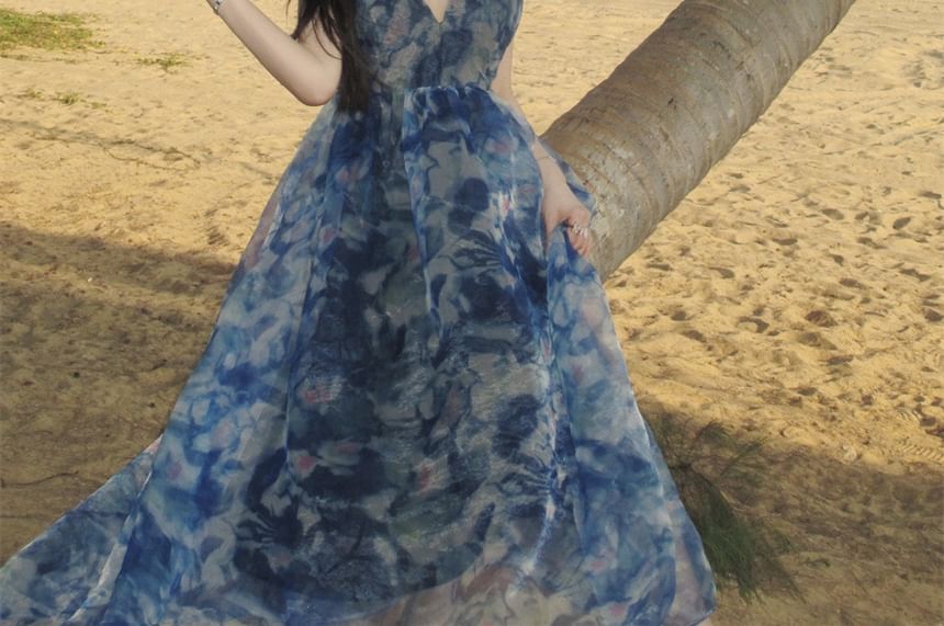 A-Line Tie Strap Maxi V-Neck Dye Print Dress Spaghetti