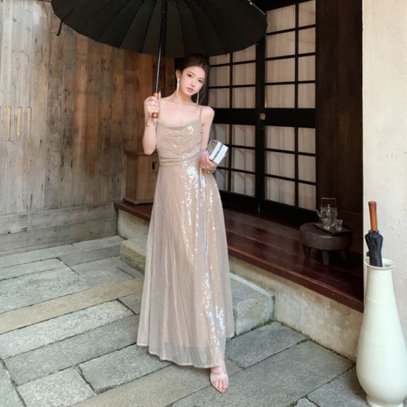 Strap Dress Spaghetti Maxi A-Line Sequin