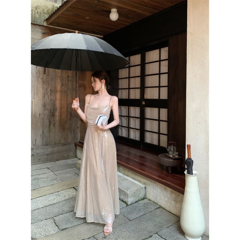 Strap Dress Spaghetti Maxi A-Line Sequin