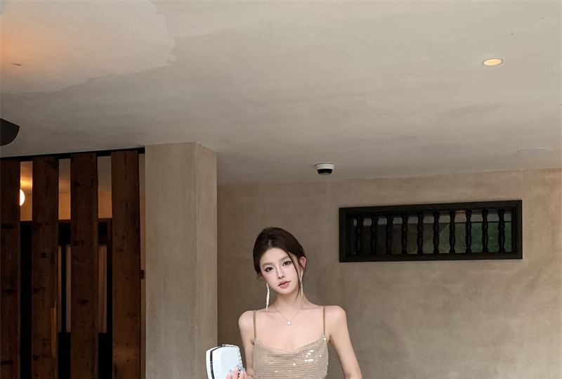 Strap Dress Spaghetti Maxi A-Line Sequin