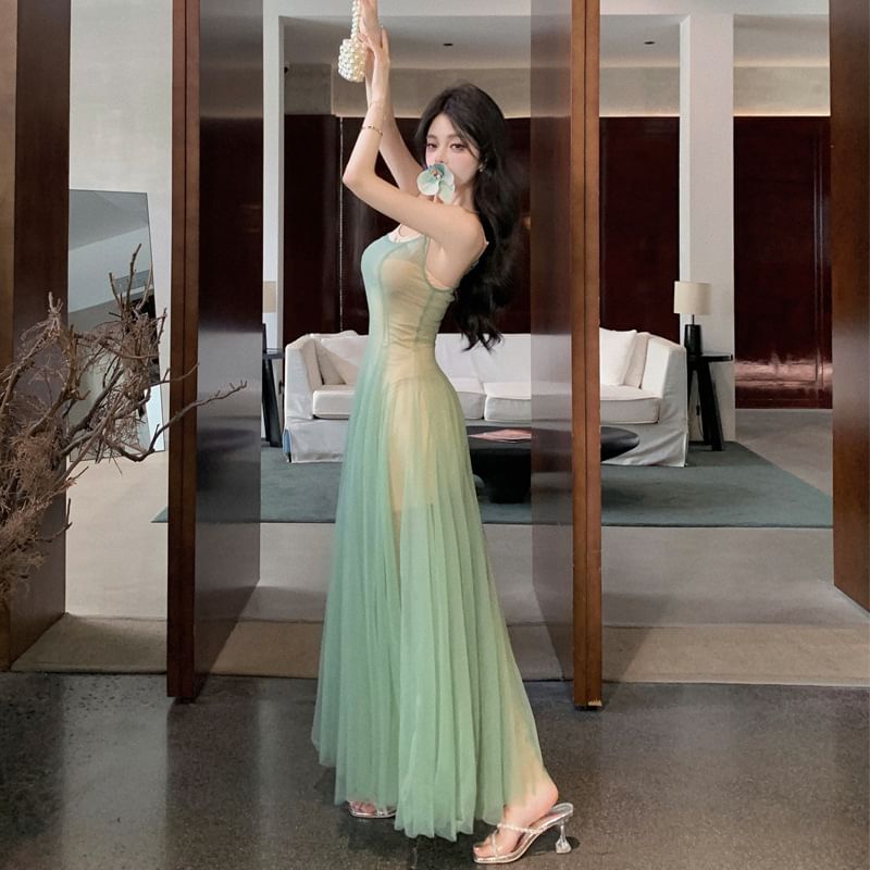 Spaghetti Scoop A-Line Neck Maxi Dress Strap Sheer