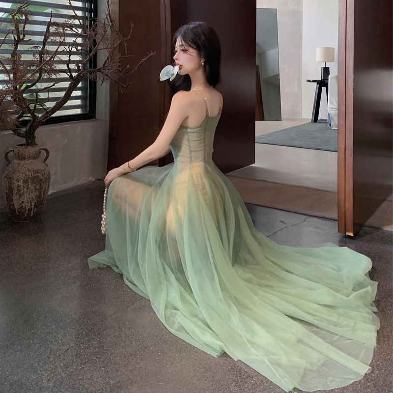 Spaghetti Scoop A-Line Neck Maxi Dress Strap Sheer