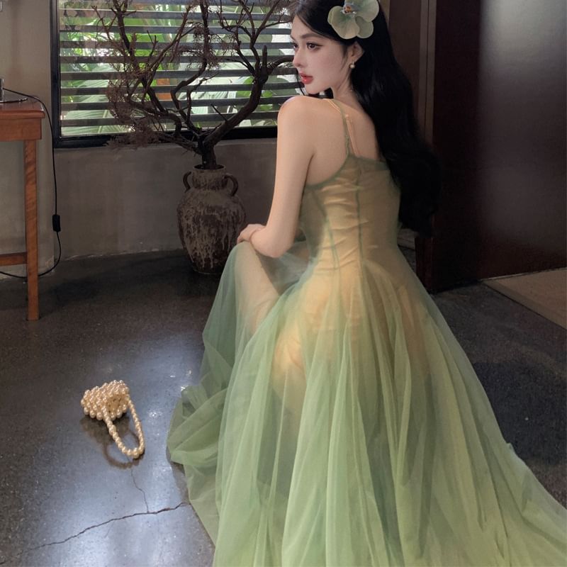 Spaghetti Scoop A-Line Neck Maxi Dress Strap Sheer