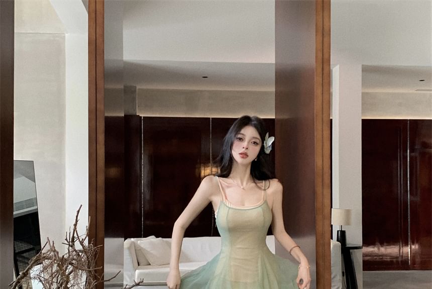 Spaghetti Scoop A-Line Neck Maxi Dress Strap Sheer