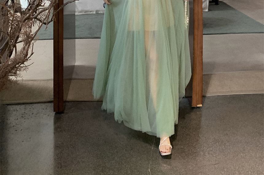 Spaghetti Scoop A-Line Neck Maxi Dress Strap Sheer