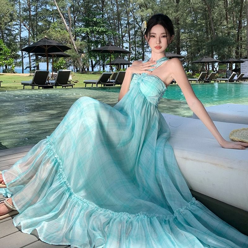 Dye A-Line Neck Maxi Hem Dress Halter Ruffle Tie