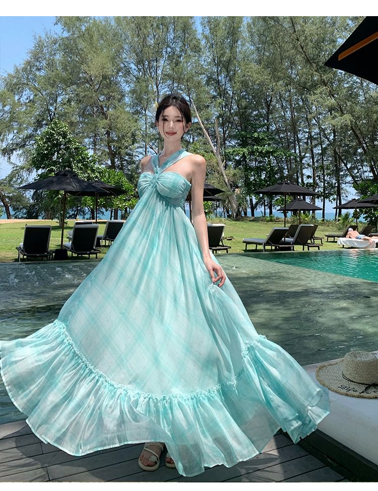 Dye A-Line Neck Maxi Hem Dress Halter Ruffle Tie