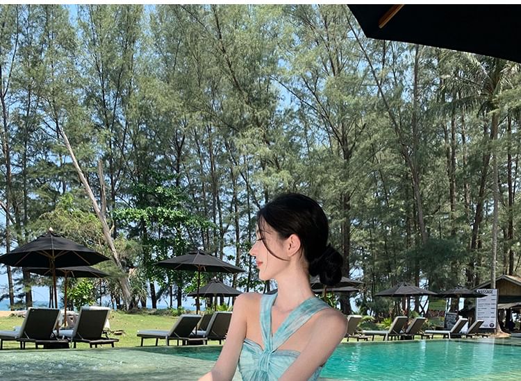 Dye A-Line Neck Maxi Hem Dress Halter Ruffle Tie