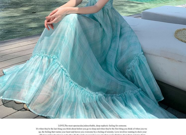 Dye A-Line Neck Maxi Hem Dress Halter Ruffle Tie