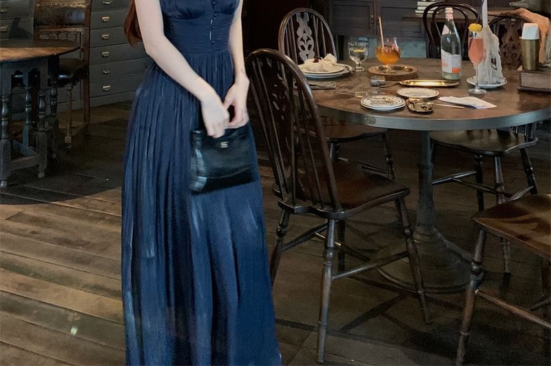 Strap V-Neck A-Line Gown Spaghetti Evening Plain