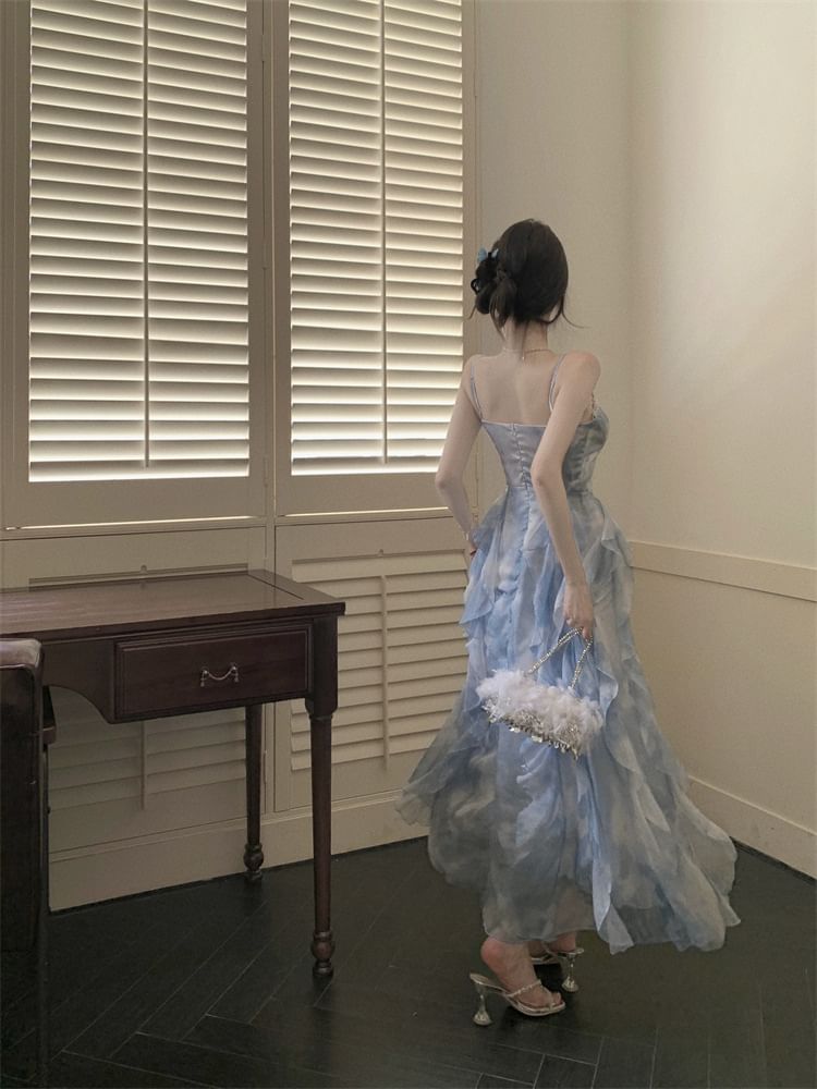 Hem Chiffon Ruffle Dress Spaghetti Strap Maxi Sun Dye Tie