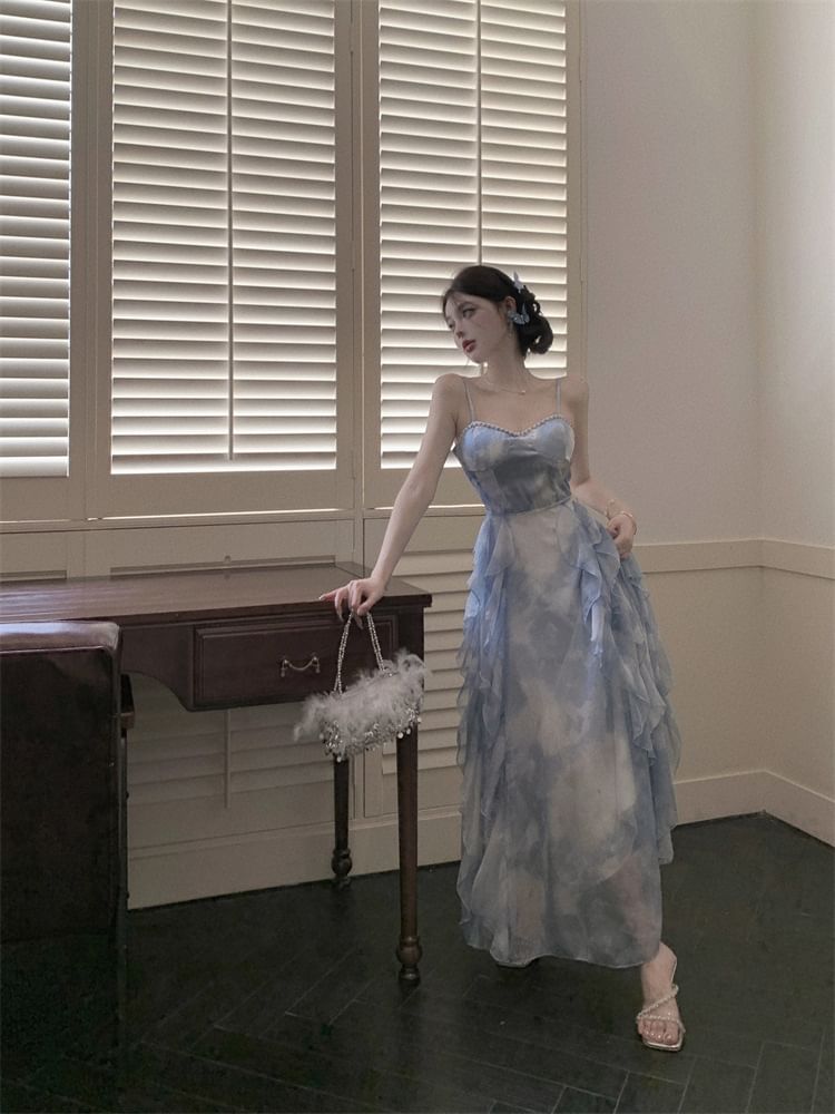 Hem Chiffon Ruffle Dress Spaghetti Strap Maxi Sun Dye Tie