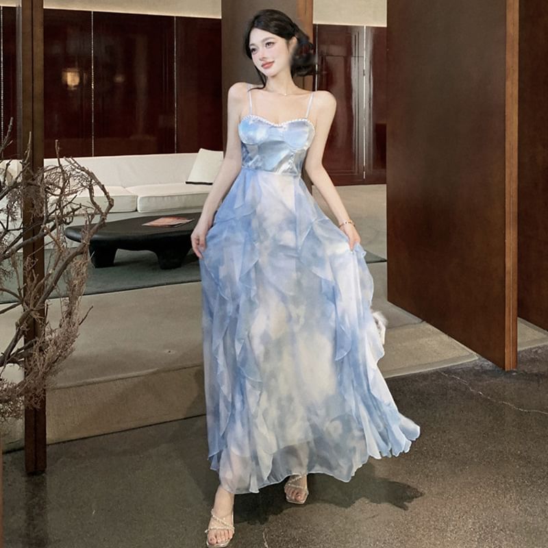 Hem Chiffon Ruffle Dress Spaghetti Strap Maxi Sun Dye Tie