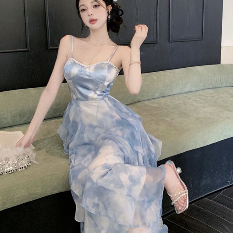 Hem Chiffon Ruffle Dress Spaghetti Strap Maxi Sun Dye Tie