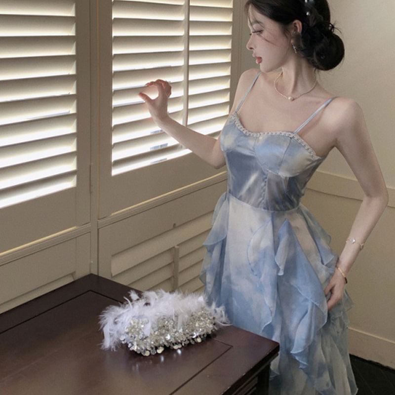 Hem Chiffon Ruffle Dress Spaghetti Strap Maxi Sun Dye Tie