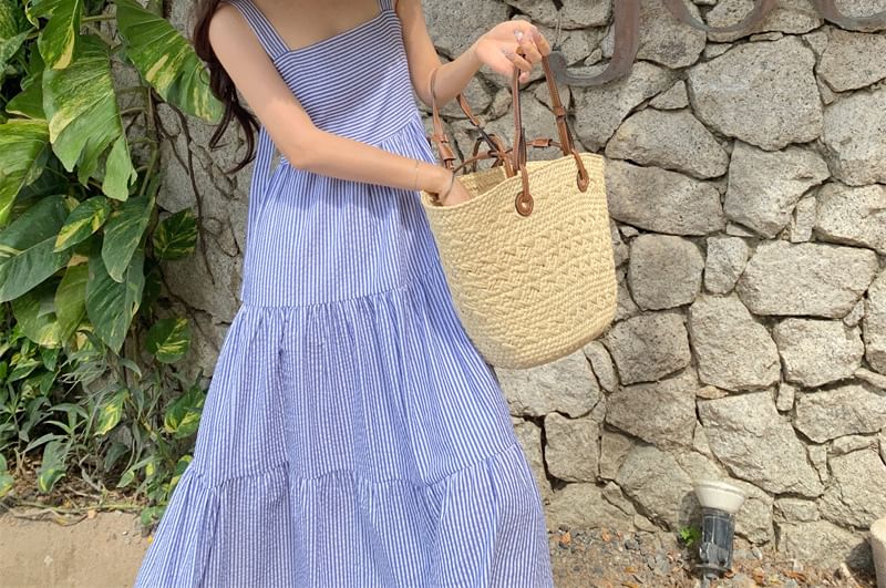 Striped Dress Square Ruffle Strap Spaghetti Sun Neck Maxi