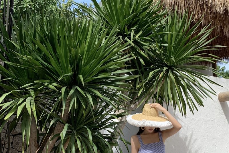 Striped Dress Square Ruffle Strap Spaghetti Sun Neck Maxi