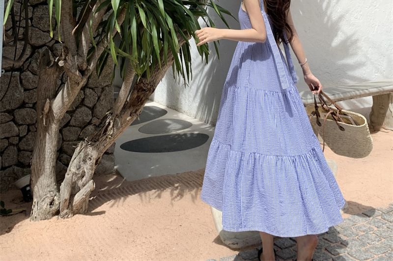 Striped Dress Square Ruffle Strap Spaghetti Sun Neck Maxi