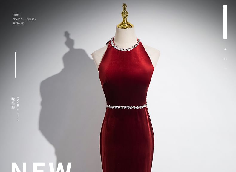 Gown Mermaid Rhinestone Back Plain Velvet Neck Bow Evening Round Sleeveless Cutout