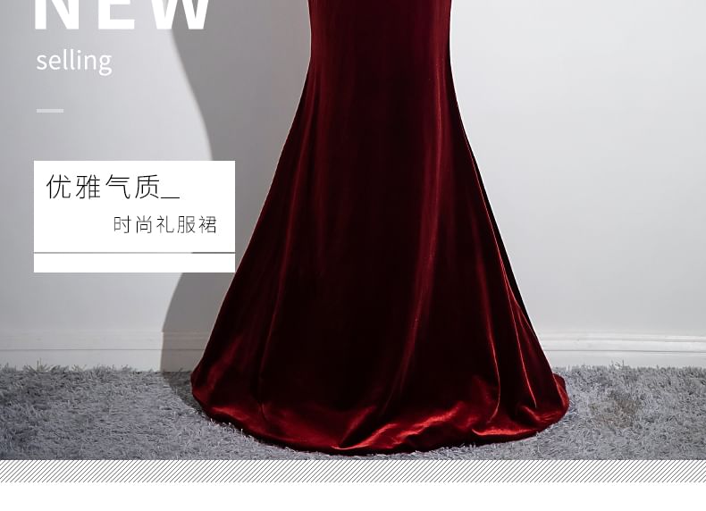 Gown Mermaid Rhinestone Back Plain Velvet Neck Bow Evening Round Sleeveless Cutout
