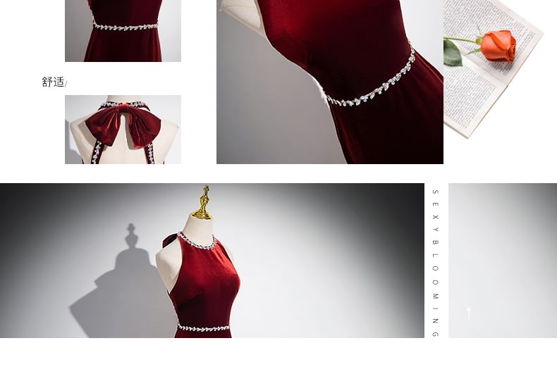 Gown Mermaid Rhinestone Back Plain Velvet Neck Bow Evening Round Sleeveless Cutout