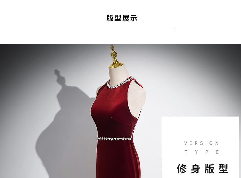 Gown Mermaid Rhinestone Back Plain Velvet Neck Bow Evening Round Sleeveless Cutout