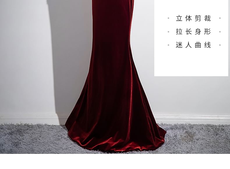 Gown Mermaid Rhinestone Back Plain Velvet Neck Bow Evening Round Sleeveless Cutout