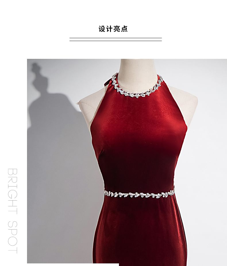 Gown Mermaid Rhinestone Back Plain Velvet Neck Bow Evening Round Sleeveless Cutout