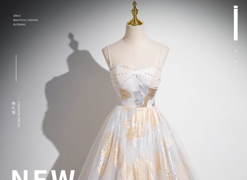 Mesh Evening Patterned Print Spaghetti A-Line Beaded Strap Gown