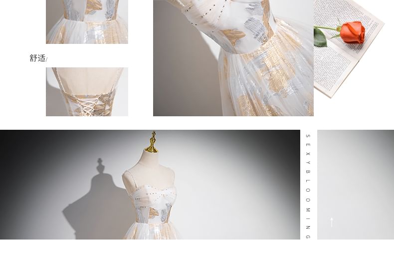 Mesh Evening Patterned Print Spaghetti A-Line Beaded Strap Gown