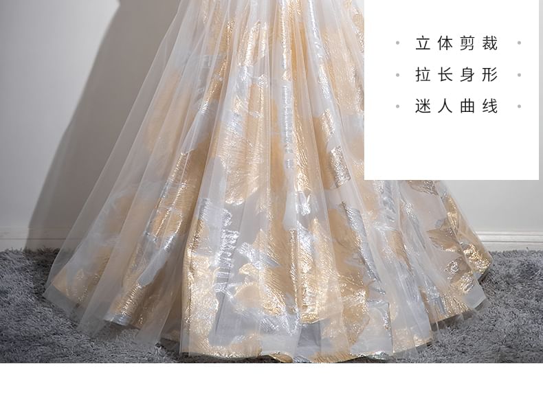 Mesh Evening Patterned Print Spaghetti A-Line Beaded Strap Gown