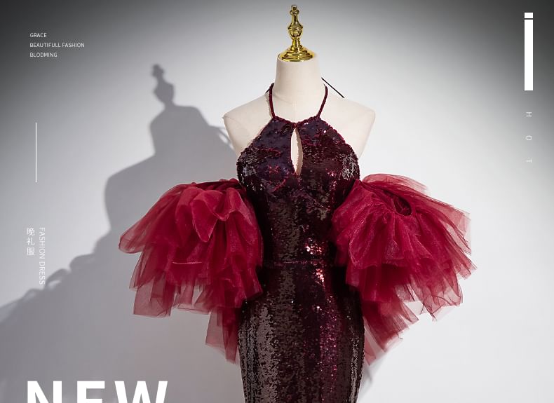 Panel Gown Evening Sequin Mermaid Halter Mesh