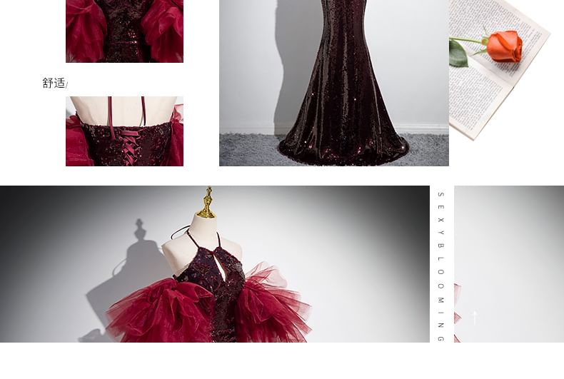 Panel Gown Evening Sequin Mermaid Halter Mesh