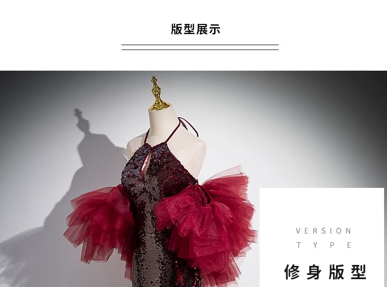 Panel Gown Evening Sequin Mermaid Halter Mesh