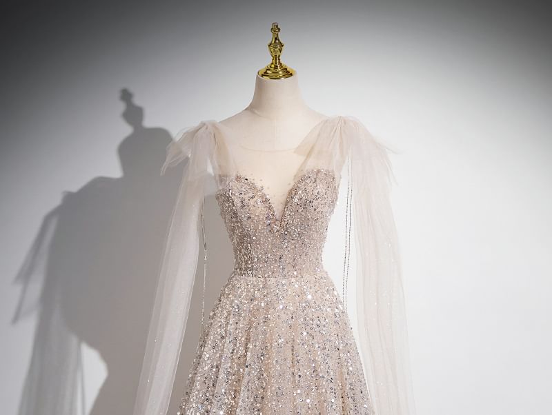 Sleeveless Evening Gown Bow Mesh Round A-Line Sequin Neck