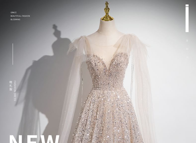 Sleeveless Evening Gown Bow Mesh Round A-Line Sequin Neck