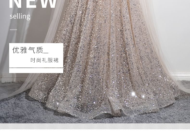 Sleeveless Evening Gown Bow Mesh Round A-Line Sequin Neck