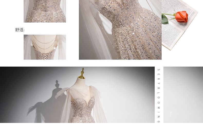 Sleeveless Evening Gown Bow Mesh Round A-Line Sequin Neck