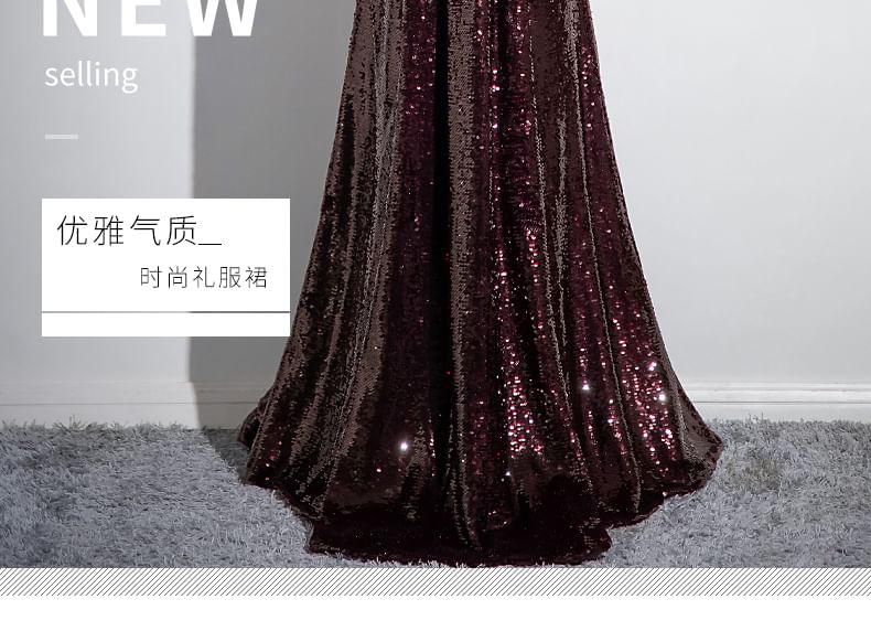 Shoulder A-Line Plain Evening Sequin Rhinestone Off Gown Short-Sleeve