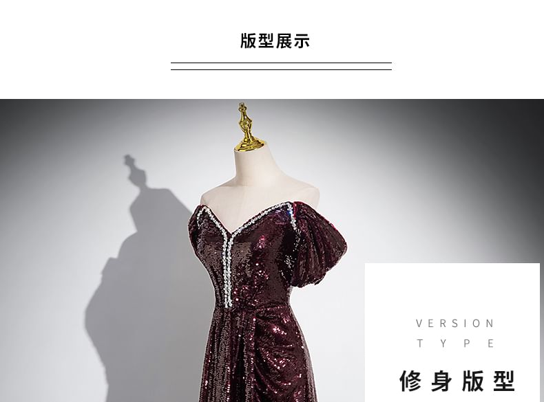 Shoulder A-Line Plain Evening Sequin Rhinestone Off Gown Short-Sleeve