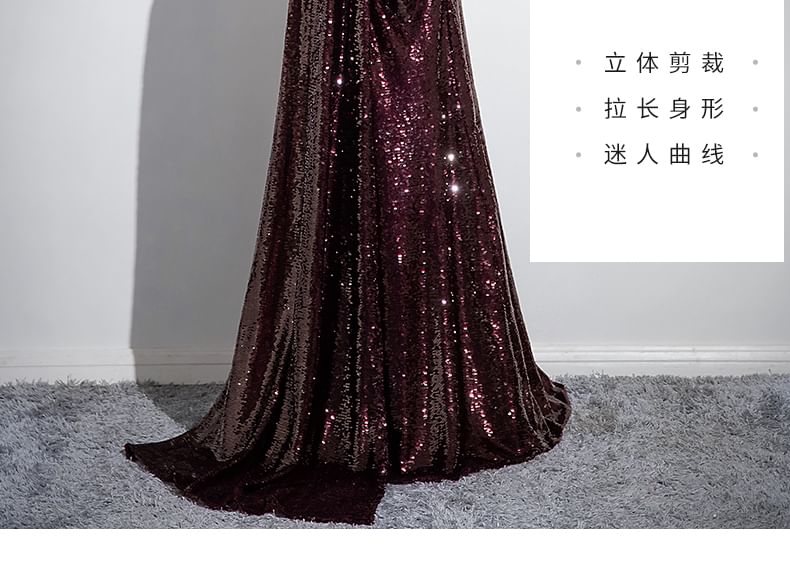 Shoulder A-Line Plain Evening Sequin Rhinestone Off Gown Short-Sleeve