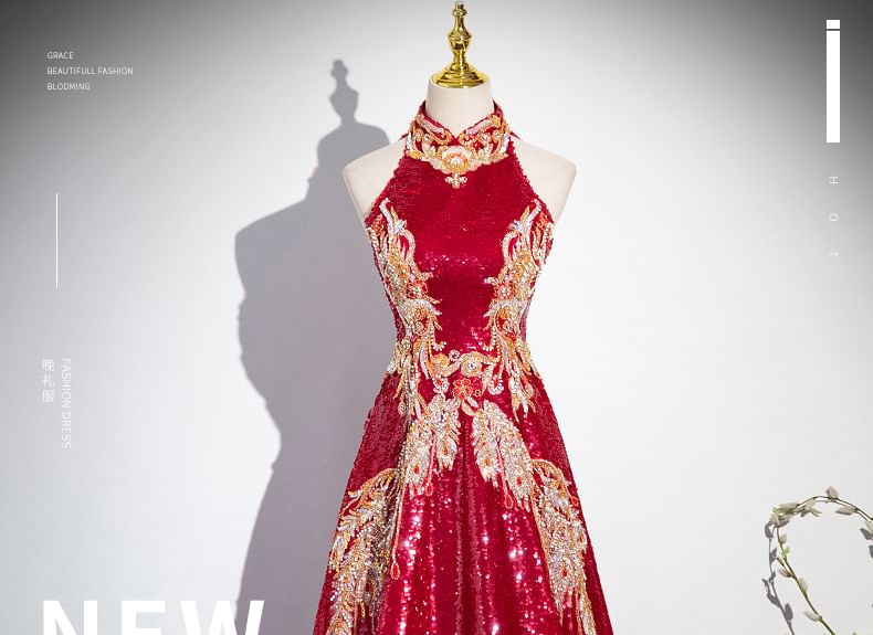 Evening Back A-Line Patterned Embroidered Cutout Gown Stand Sleeveless Collar Sequin