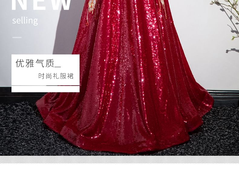 Evening Back A-Line Patterned Embroidered Cutout Gown Stand Sleeveless Collar Sequin