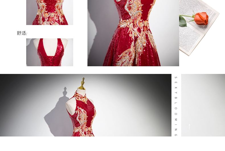 Evening Back A-Line Patterned Embroidered Cutout Gown Stand Sleeveless Collar Sequin