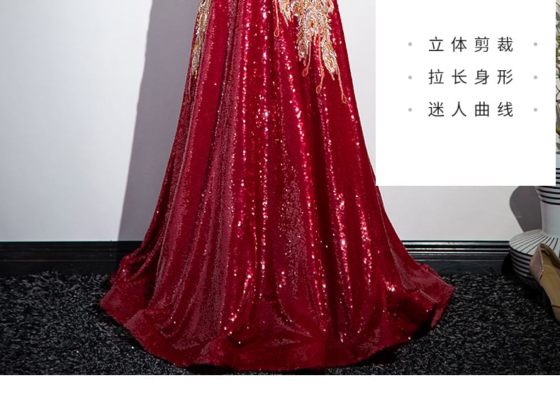 Evening Back A-Line Patterned Embroidered Cutout Gown Stand Sleeveless Collar Sequin