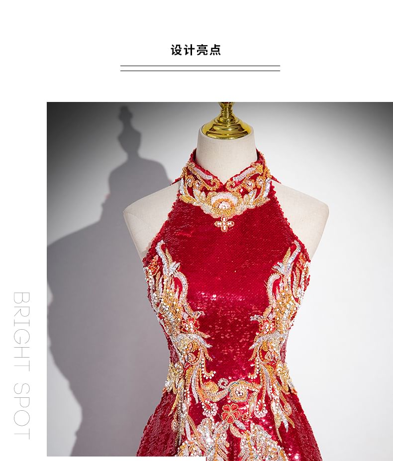 Evening Back A-Line Patterned Embroidered Cutout Gown Stand Sleeveless Collar Sequin